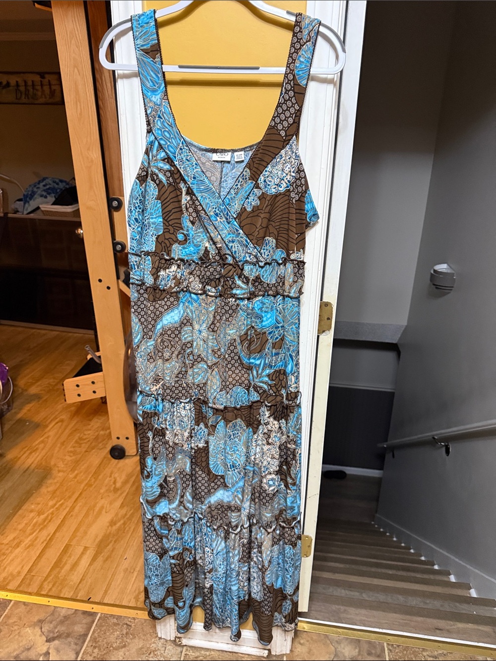 Cato Woman 22/24W Blue Brown Paisley Floral Wrap Maxi Dress Ruffle Boho